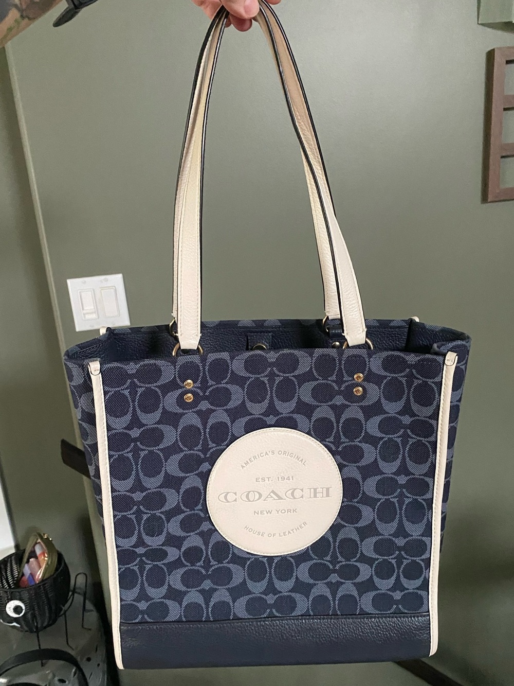Coach lg tote w/ signature monogram navy denim print & cream leather trim